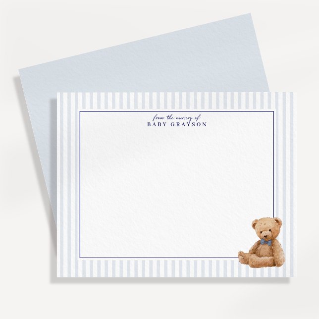 Anuncio Preppy Blue Striped Teddy Bear Nursery note card (Subido por el creador)