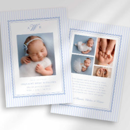 Anuncio Preppy Stripe Monogram Photo Birth Announcement