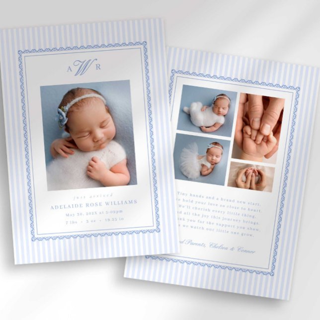 Anuncio Preppy Stripe Monogram Photo Birth Announcement (Subido por el creador)