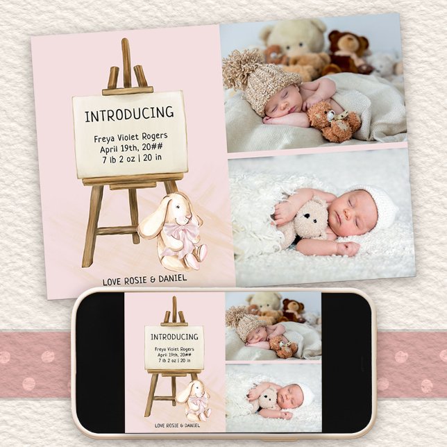 Anuncio Presentación de Easel & Bunny 2 Photo Baby Birth (Photo Birth Announcement with cute bunny design. Buy printed or as printable digital download)