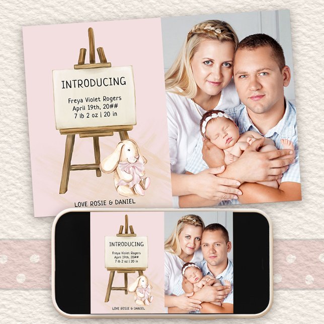 Anuncio Presentación de Easel & Bunny Photo Baby Baby Birt (Photo Birth Announcement with cute nursery design. Buy printed or as printable digital download)