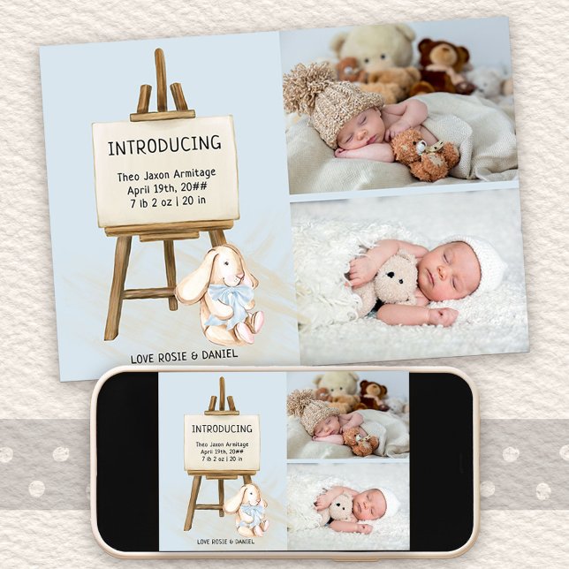 Anuncio Presentación de Easel y Bunny 2 Photo Baby Boy Nac (Photo Birth Announcement with cute bunny design. Buy printed or as printable digital download)
