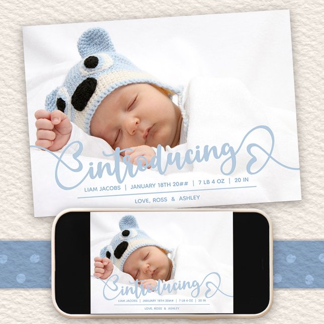 Anuncio Presentando Blue Heart Script Foto de nacimiento d (Introducing Baby Birth Announcement with message on the back)