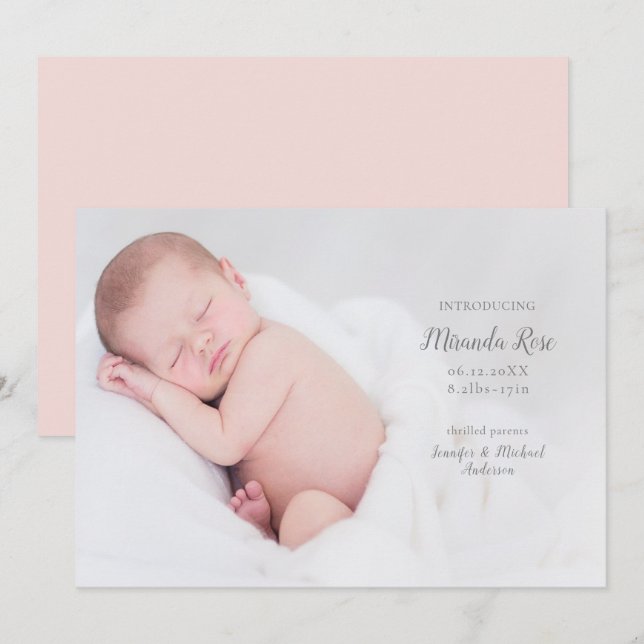 Anuncio Presentando la foto de una niña bebé de nacimiento (Anverso / Reverso)