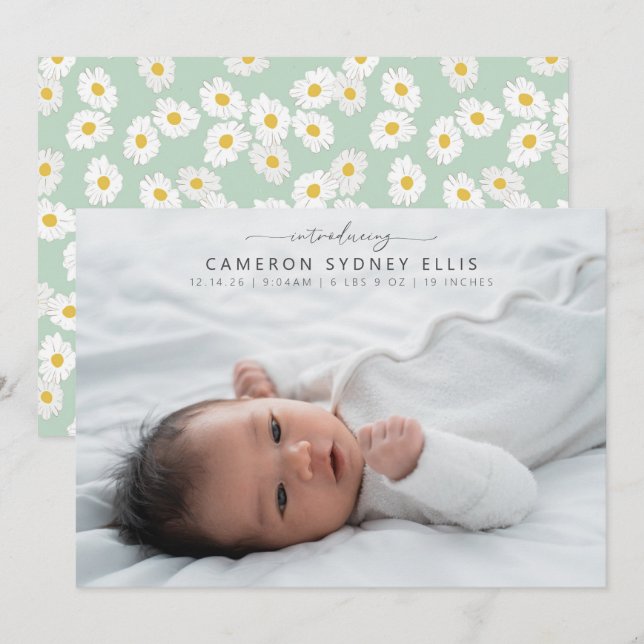 Anuncio Primavera Pastel Sage Green Daisies Baby Photo Bir (Anverso / Reverso)