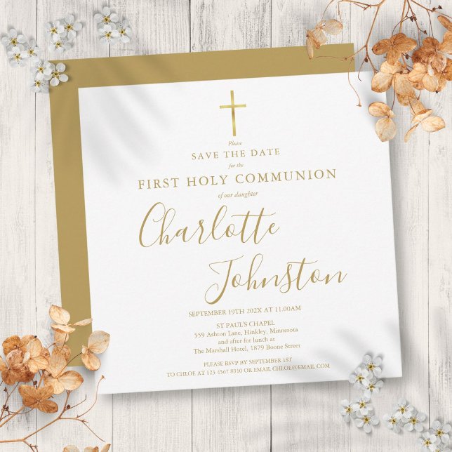 Anuncio Primera Comunión Elegante en Oro  Guárdame la Fech (Elegant First Holy Communion Gold Save The Date Announcement)
