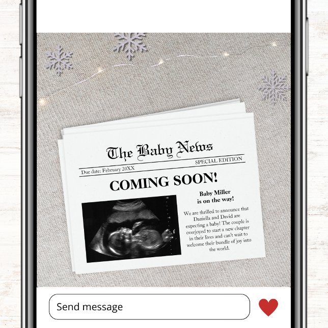 Anuncio Próximamente foto de periódico de invierno (coming soon winter newspaper style photo pregnancy announcement card ultrasound sonogram)