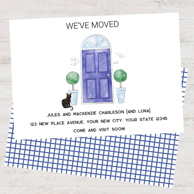 Anuncio Puerta azul y gato nos hemos mudado de nuevo hogar (Blue door cat watercolor custom text new home we I have moved change of address moving announcement)