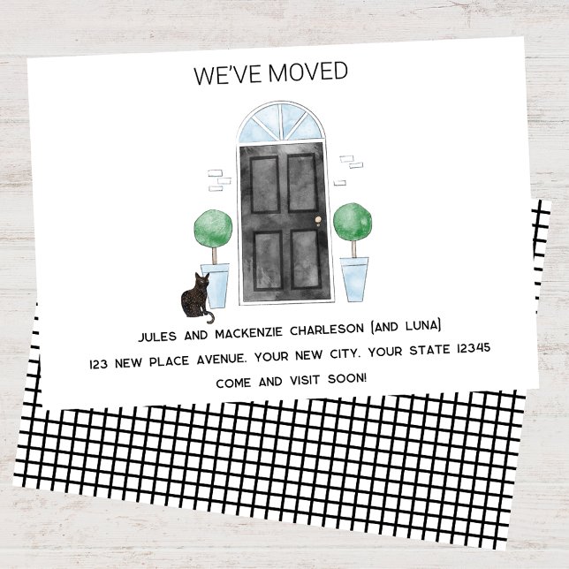 Anuncio Puerta negra y gato nos hemos mudado de nuevo hoga (Black door cat watercolor custom text new home we I have moved change of address moving announcement)