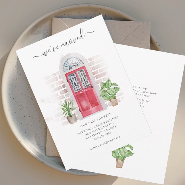 Anuncio Puerta Roja Acuarela Nos hemos mudado (Watercolor Red Door Moving Announcement)