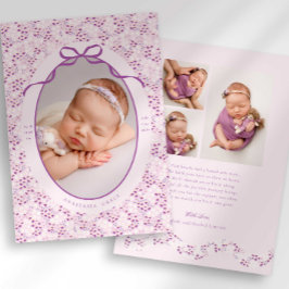 Anuncio Purple Ditsy Floral Bow Photo Birth Announcement