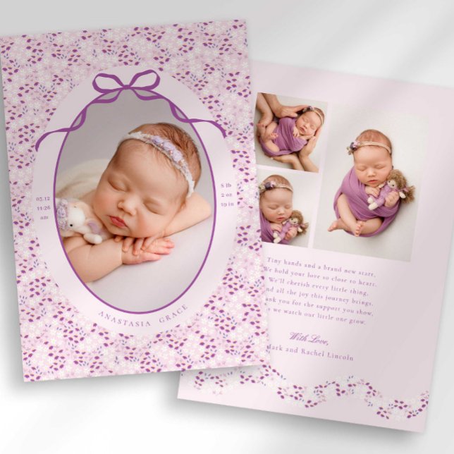 Anuncio Purple Ditsy Floral Bow Photo Birth Announcement (Subido por el creador)