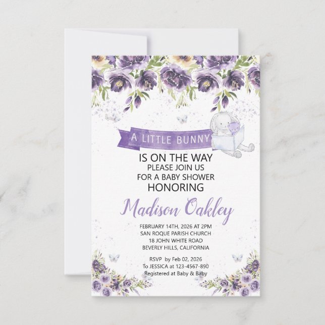 Anuncio Purple Florals Un pequeño conejito Baby Shower Anu (Anverso)