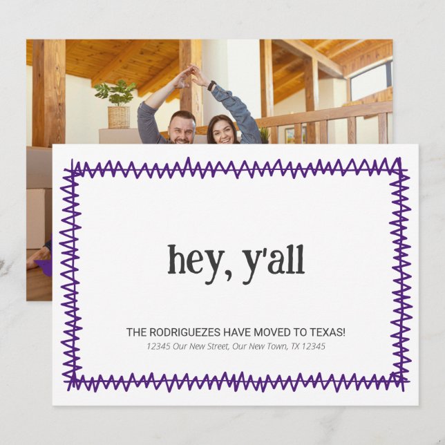 Anuncio Púrpura Hey Y'all - Trasladado a Texas (Anverso / Reverso)