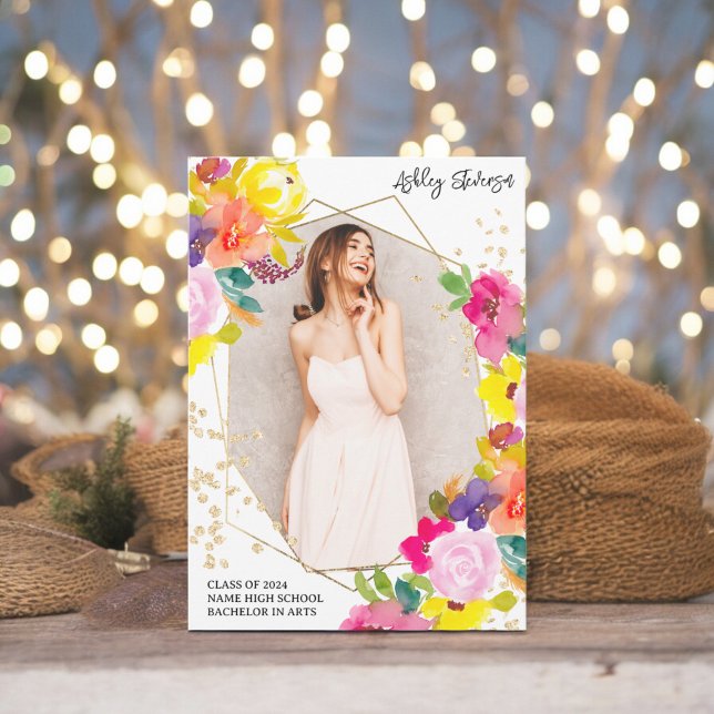 Anuncio Purpurina de oro boho audaz graduación de fotos fl (Gold glitter boho bold floral photo graduation announcement)