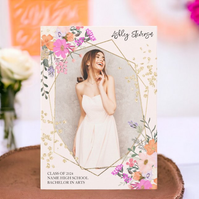 Anuncio Purpurina de oro de acuarela floral graduación de  (Gold glitter floral watercolor photo graduation announcement)
