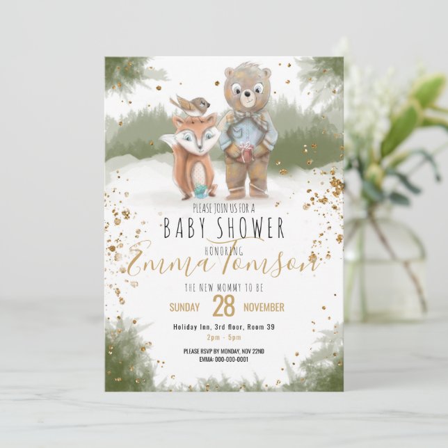 Anuncio Purpurina de oro de animales de bosque Baby Shower (Anverso de pie)