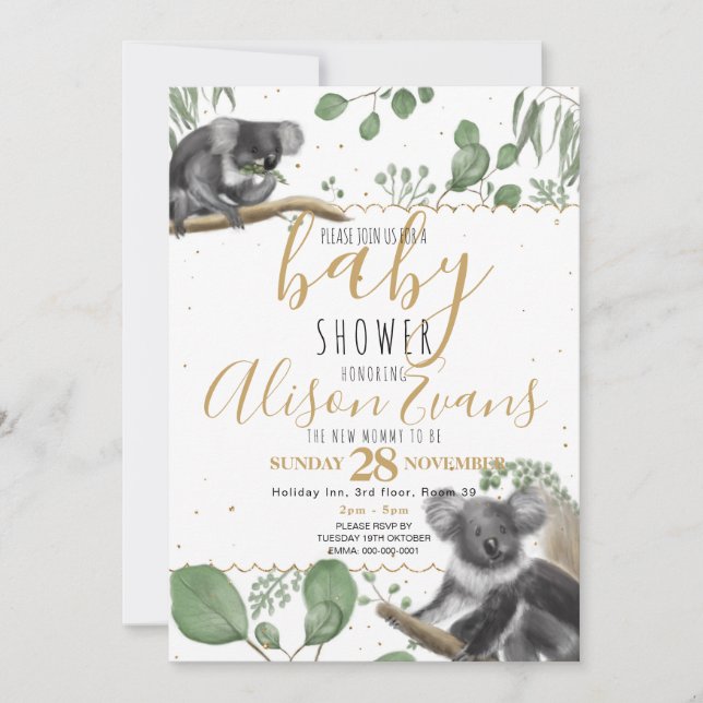 Anuncio Purpurina de oro Eucalyptus Koalas Baby Shower (Anverso)