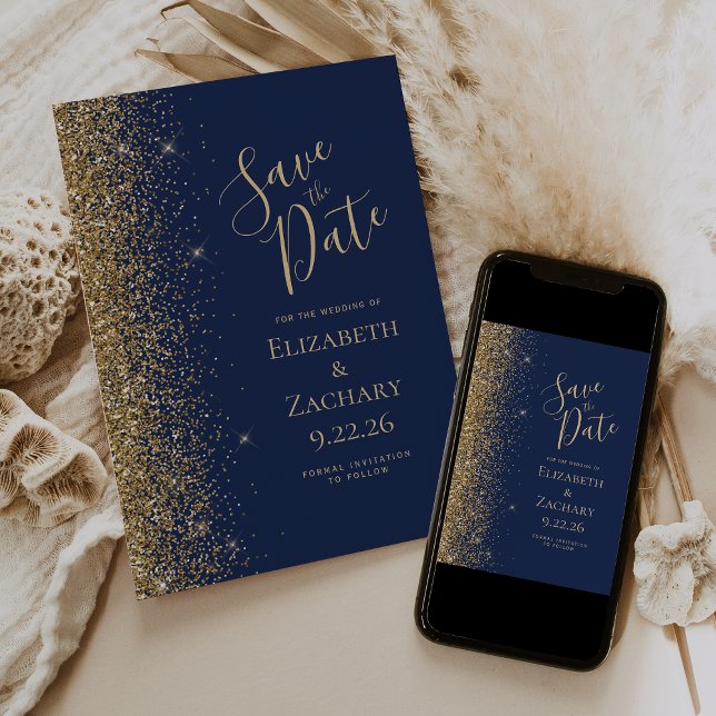 Anuncio Purpurina de oro Navy Blue Save the Date (Subido por el creador)