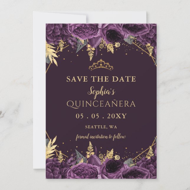 Anuncio Quinceañera floral de oro púrpura salva la fecha (Anverso)