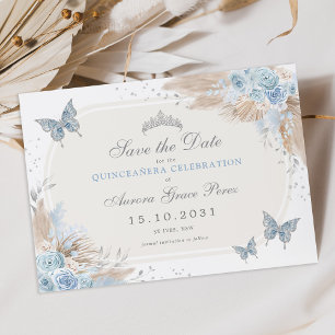 Anuncio Quinceanera floral de plata azul Boho Guardar la f