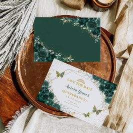 Anuncio Quinceanera floral verde esmeralda salva la fecha