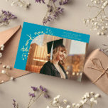 Anuncio Quirky Stars Aqua Blue Grad Photo Thank You<br><div class="desc">Quirky and whimsical graduation announcement photo card featuring a photo on the front and 1 on the back. The text says "thank you" in quirky hand writing with stars and confettis. Add the graduate's name,  information,  and message to personalize this card. Aqua blue.</div>