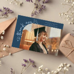 Anuncio Quirky Stars Navy Blue Grad Photo Thank You<br><div class="desc">Quirky and whimsical graduation announcement photo card featuring a photo on the front and 1 on the back. The text says "thank you" in quirky hand writing with stars and confettis. Add the graduate's name,  information,  and message to personalize this card. Navy blue.</div>