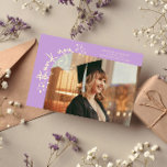 Anuncio Quirky Stars Wisteria Grad Photo Thank You<br><div class="desc">Quirky and whimsical graduation announcement photo card featuring a photo on the front and 1 on the back. The text says "thank you" in quirky hand writing with stars and confettis. Add the graduate's name,  information,  and message to personalize this card. Wisteria.</div>