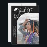 Anuncio Quirky Thank You Stars Black Graduate Photo<br><div class="desc">Quirky and whimsical graduation announcement photo card featuring a curved photo on the front and 1 on the back. The text says "Thank You" with hand drawn stars and a graduation cap. Add the graduate's name,  information,  and message to personalize this card. Black background.</div>