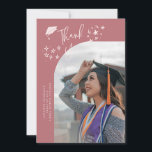 Anuncio Quirky Thank You Stars Pink Graduate Photo<br><div class="desc">Quirky and whimsical graduation announcement photo card featuring a curved photo on the front and 1 on the back. The text says "Thank You" with hand drawn stars and a graduation cap. Add the graduate's name,  information,  and message to personalize this card. Pink background.</div>