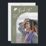 Anuncio Quirky Thank You Stars Sage Green Graduate Photo<br><div class="desc">Quirky and whimsical graduation announcement photo card featuring a curved photo on the front and 1 on the back. The text says "Thank You" with hand drawn stars and a graduation cap. Add the graduate's name,  information,  and message to personalize this card. Sage green background.</div>