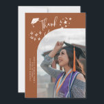 Anuncio Quirky Thank You Stars Terracotta Graduate Photo<br><div class="desc">Quirky and whimsical graduation announcement photo card featuring a curved photo on the front and 1 on the back. The text says "Thank You" with hand drawn stars and a graduation cap. Add the graduate's name,  information,  and message to personalize this card. Terracotta background.</div>