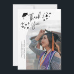 Anuncio Quirky Thank You Stars White Graduate Photo<br><div class="desc">Quirky and whimsical graduation announcement photo card featuring a curved photo on the front and 1 on the back. The text says "Thank You" with hand drawn stars and a graduation cap. Add the graduate's name,  information,  and message to personalize this card. White background.</div>