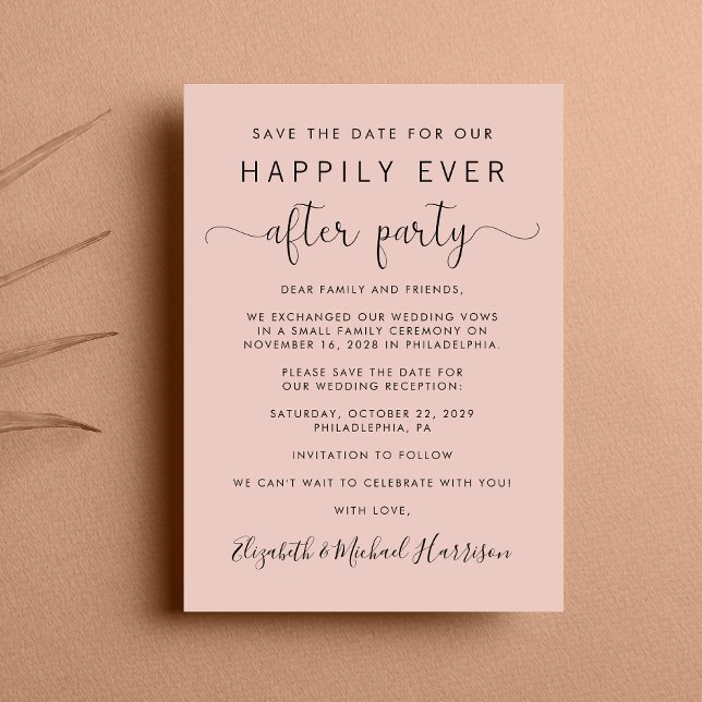 Anuncio Recepción de bodas Rubor Rosa Guardar la fecha (A stylish save the date announcement for a reception to celebrate your elopement or private wedding)