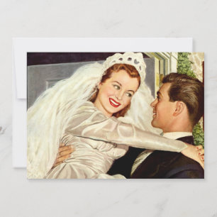 Anuncio Recién casados de boda vintage, novia y novio feli
