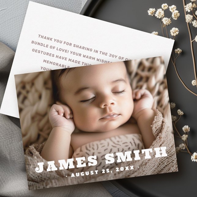 Anuncio Recién nacido de nombre retro, gracias (Retro name new baby photo thank you announcement)