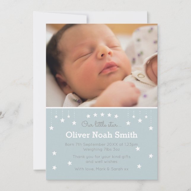 Anuncio Recién nacido niño invitación/carta de agradecimie (Anverso)