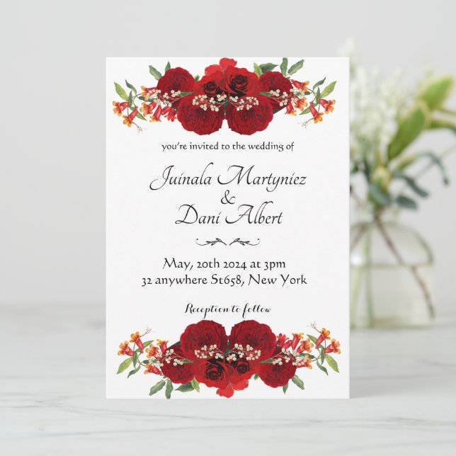 Anuncio Red and gold rustic flower wedding invitation  (Anverso de pie)