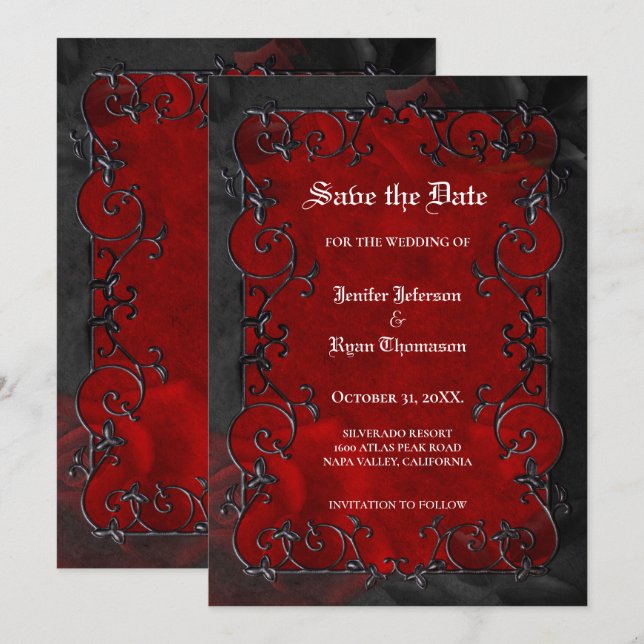 Anuncio Red Gothic halloween wedding save the date (Anverso / Reverso)