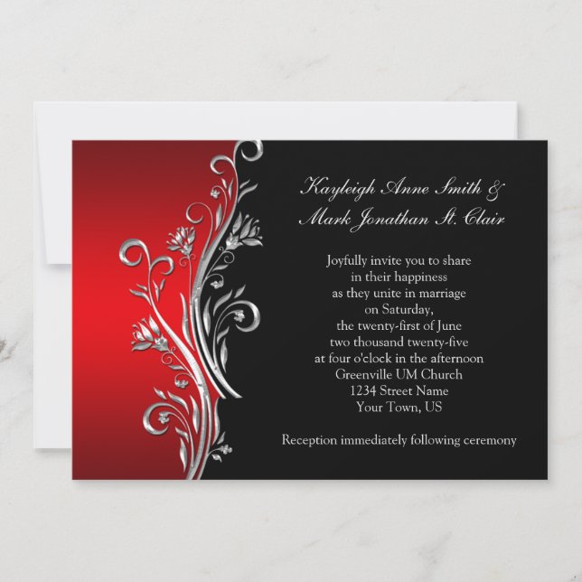 Anuncio Red y Black Silver Ornate Swirls Boda (Anverso)