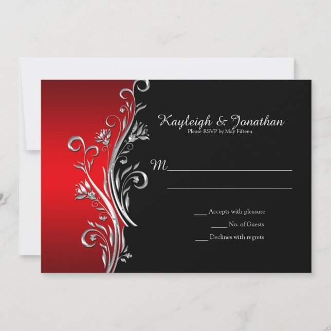 Anuncio Red y Black Silver Ornate Swirls RSVP (Anverso)