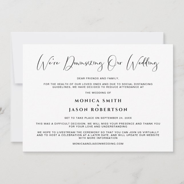 Anuncio Reducir el tamaño de nuestra boda Caligrafía elega (Anverso)