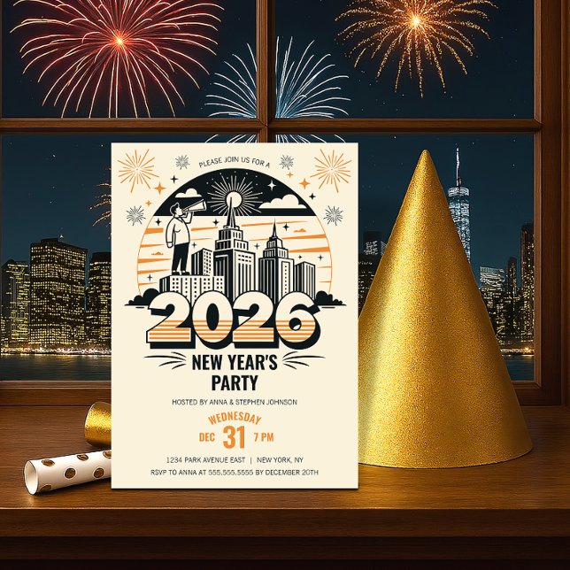 Anuncio retro de la llegada del Fiesta de Año Nuev (Retro New Year's party invitation front view.)