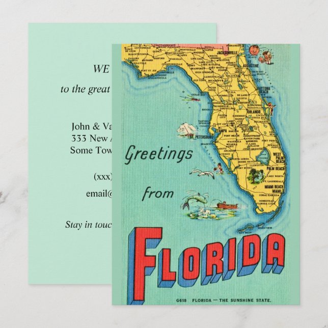 Anuncio retro de mapa de Florida en movimiento (Anverso / Reverso)