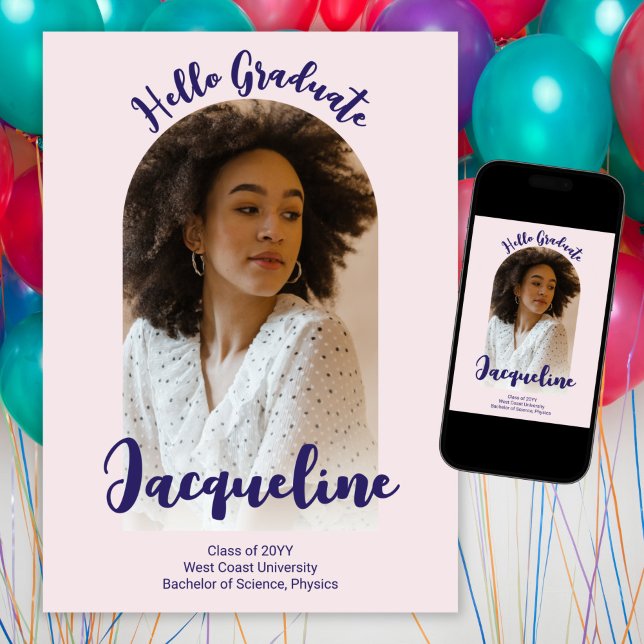 Anuncio Retro Hello Graduado 2025 Purple Script Arch Photo (Subido por el creador)