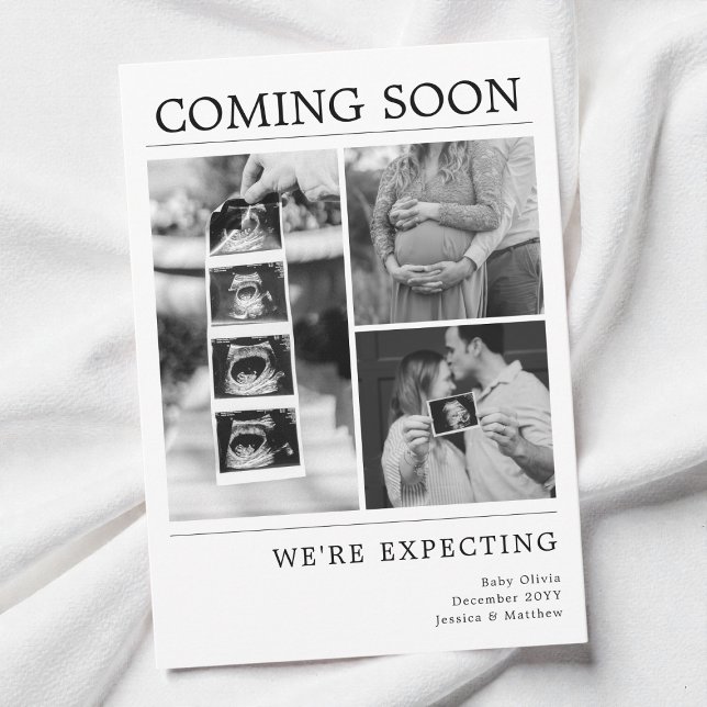 Anuncio Revelación de Embarazo con Foto Moderna en Blanco  (Modern Black and White Baby Photo Pregnancy Reveal Announcement)
