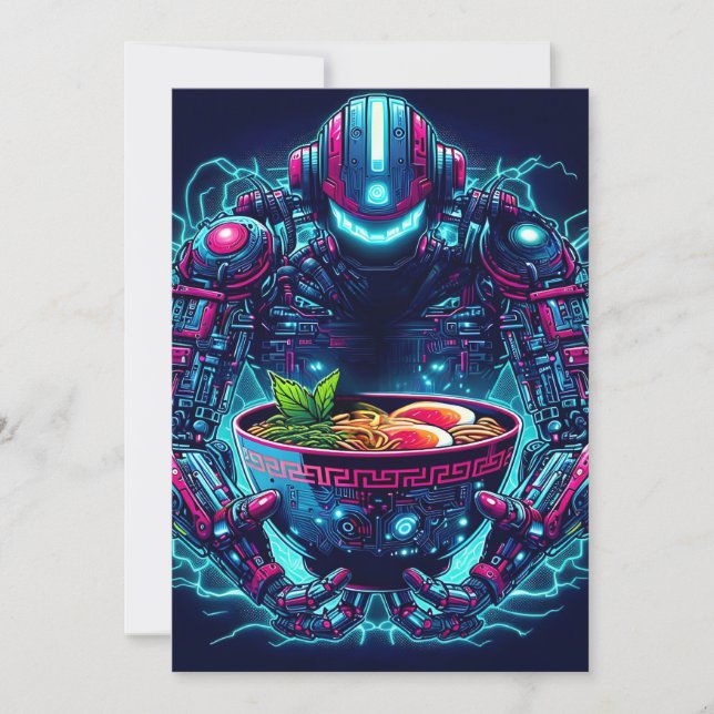 Anuncio Robot Cyberpunk Futurista Comida Ramen Neon (Anverso)