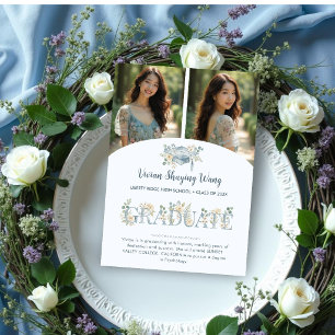 Anuncio Romantic Dusty Blue Floral Grad 2 Photo Collage