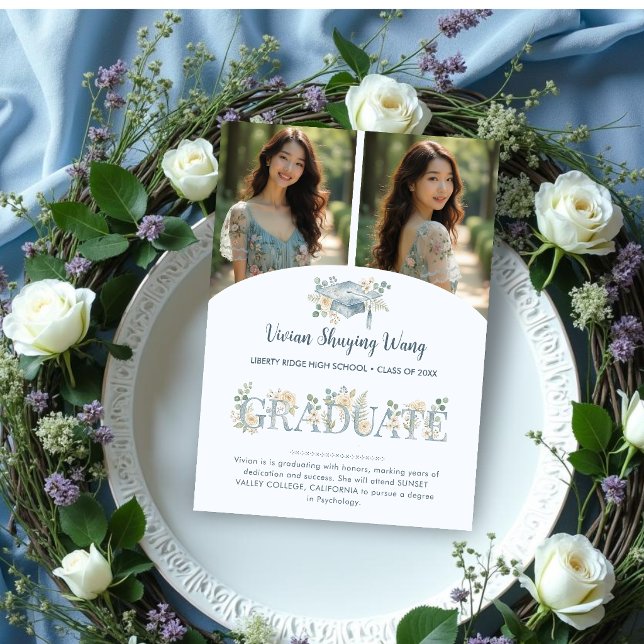 Anuncio Romantic Dusty Blue Floral Grad 2 Photo Collage (Soft Dusty Blue Watercolor Effect Botanical Floral 2 Photo Collage Graduation Announcement. )
